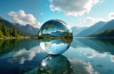 Crystal clear glass globe reflects serene lake landscape with mountains, trees. Eco friendly nature photo shows water resource conservation concept. Globe sits on tranquil water surface creating