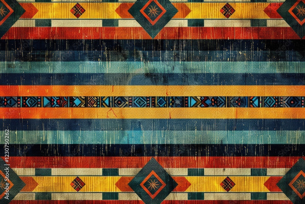 Aufkleber striped textile design with geometric patterns in warm and cool tones, creating a textured and vibra