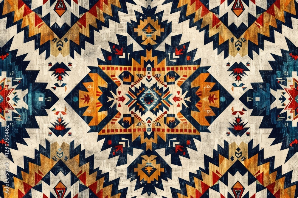 Poster symmetrical native american inspired textile design with geometric patterns in warm and cool tones.