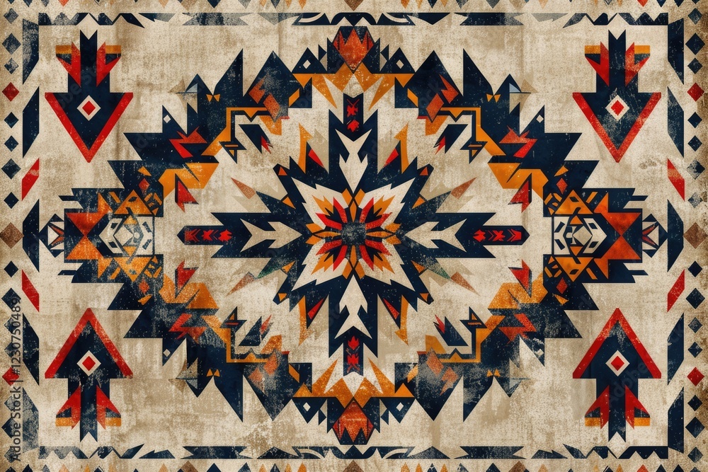 Poster geometric native american inspired textile design with distressed texture, featuring symmetrical pat