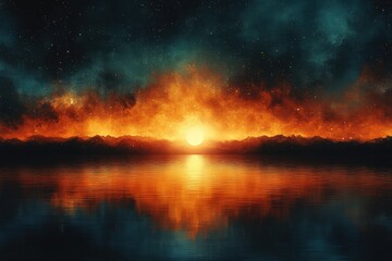 Fototapeta premium Sunset reflection over calm water mountain range nature serene environment wide view tranquility