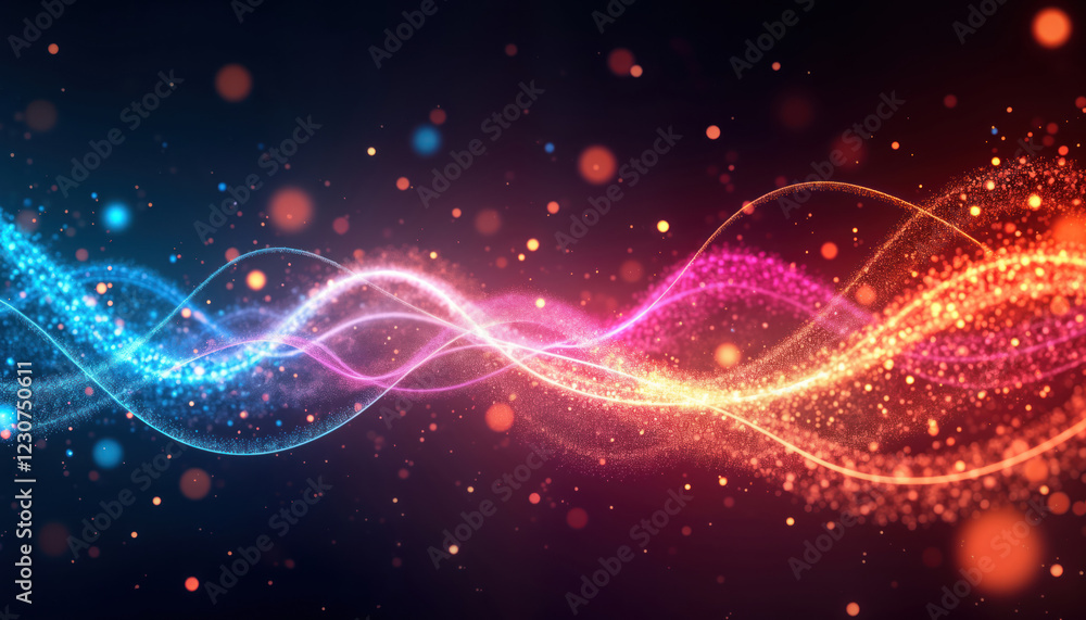 Poster abstract design shows vibrant glowing light trails. fluid movement creates dynamic patterns of color