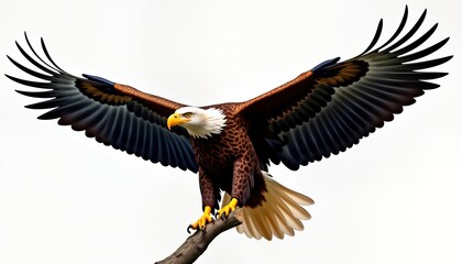 Fototapeta premium Bald eagle in flight landing gracefully on branch. Powerful bird of prey with wide wingspan. Photorealistic illustration shows majestic, symbolic animal. Wildlife conservation theme. North American