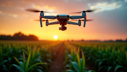 Agricultural drone hovers above sweet corn field at sunrise. Modern tech helps farmers spray fertilizer. Automated system ensures even distribution. Smart farming concept. Rural landscape shows