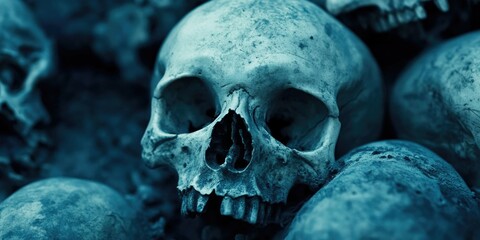 Obraz premium Silent Remnants of the Past: A Skull Amidst Bullet Casings