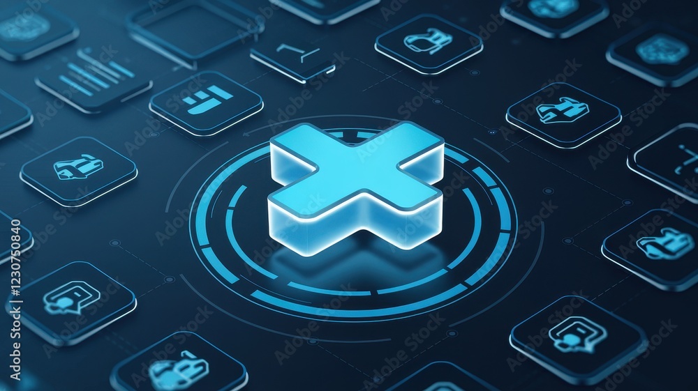 Poster digital cross interface: 3d icon on futuristic tech dashboard