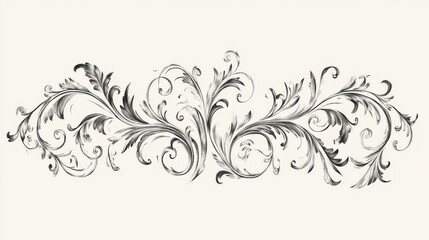 Elegant grayscale floral design element, swirls, leaves, decorative, vintage style.