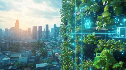 Green City Building With Digital Interface At Sunset