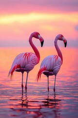 Fototapeta premium Pink flamingos stand in water under pink-purple and pink-blue skies