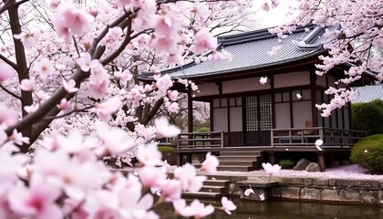 Japanese Pavilion Adorned With Blossoming Cherry Trees