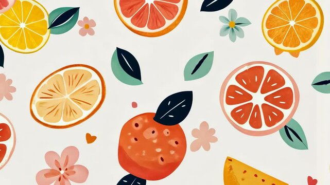 Colorful fruit pattern with citrus slices and floral elements on a light background