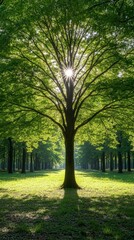 Fototapeta premium Sunlit Green Tree in Lush Forest Path