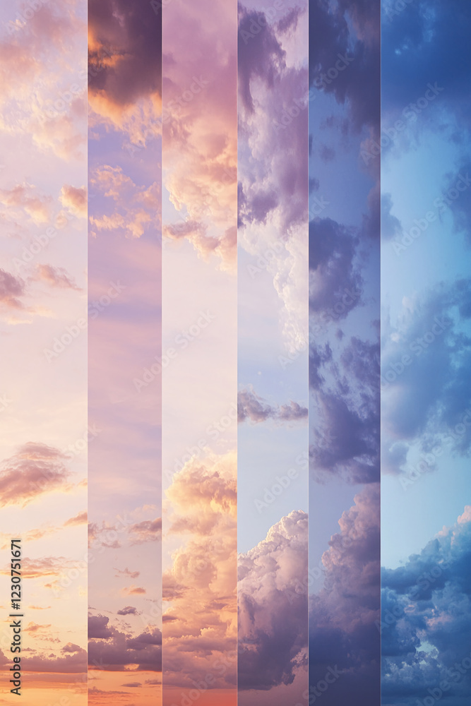Poster A stunning view of a sky with varying shades of blue and pink as the clouds shift, captured in vertical stripes, symbolizing transition and change in the sky during different times of the day.