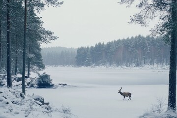 Beautiful winter landscape with deer in a snow-covered forest in the background.