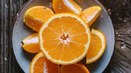 Freshly cut orange slices arranged in a bowl, glistening with water droplets, presenting vibrant colors and a refreshing appeal.