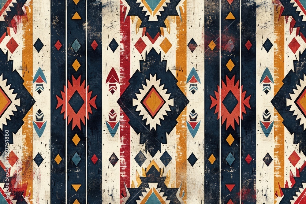 Poster geometric ethnic pattern with distressed texture, featuring vibrant colors and repeating shapes.