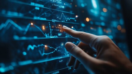 Hand Interacting With Futuristic Blue Data Screen Displaying Charts and Graphs