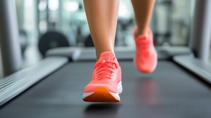 Close-Up View of a Person Running on a Treadmill in Bright Pink Athletic Shoes at a Fitness Center
