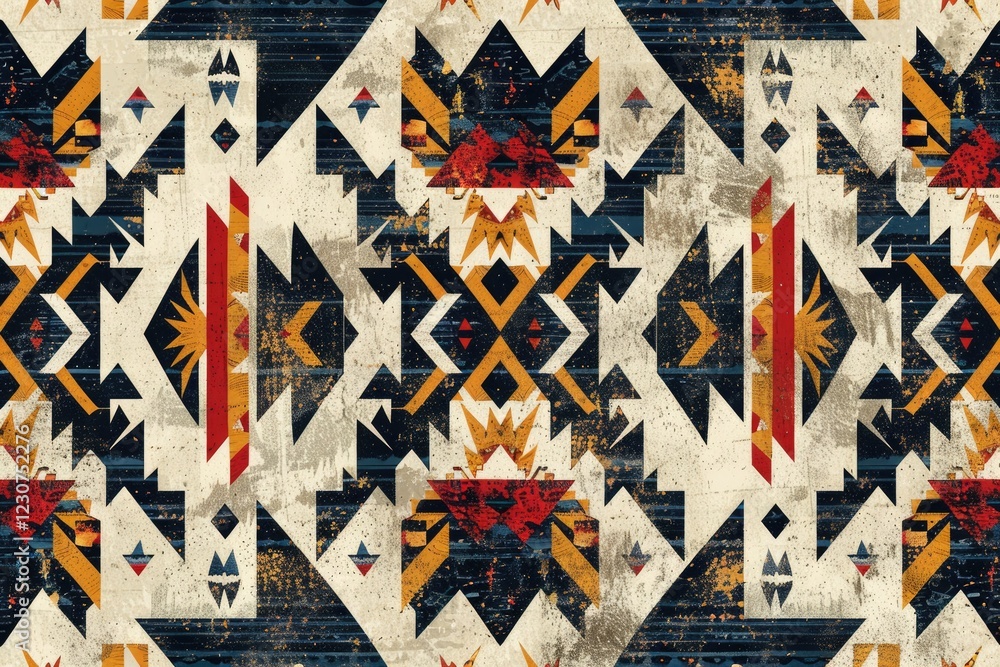 Poster abstract geometric textile design with native american inspired patterns, featuring bold colors and 