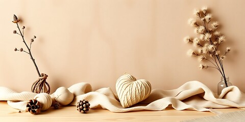 A wallpaper design featuring natural earth tone Valentine's decor in a muted palette of browns and beiges, showcasing rustic elements with a subtle romantic feel, employing a minimalist layout