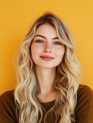 Naklejka premium Radiant Portrait of a Blonde Woman Against a Warm Background