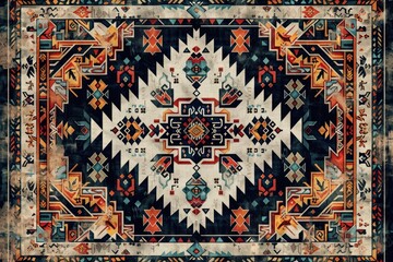 Obraz premium Intricate geometric design in vibrant colors, reminiscent of a vintage rug or textile.