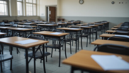 empty classroom, rows of desks, natural light, windows, chalkboard, clock on wall, institutional setting, fluorescent lighting, wooden chairs, linoleum floor, educational environment, quiet atmosphere