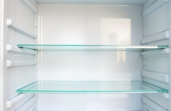 Empty white refrigerator interior with glass shelves. Modern kitchen appliance. Clean, organized space. No food inside. Fresh, cool atmosphere. Ideal for design product placement. Freshness concept.