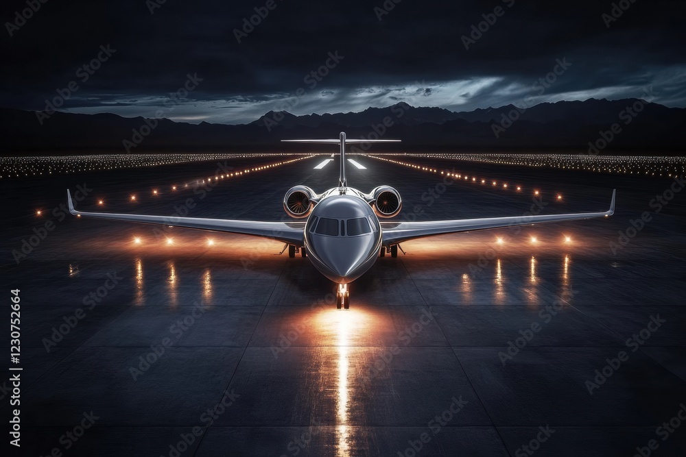 Aufkleber airplane positioned on illuminated runway at night surrounded by navigation lights and distant mount