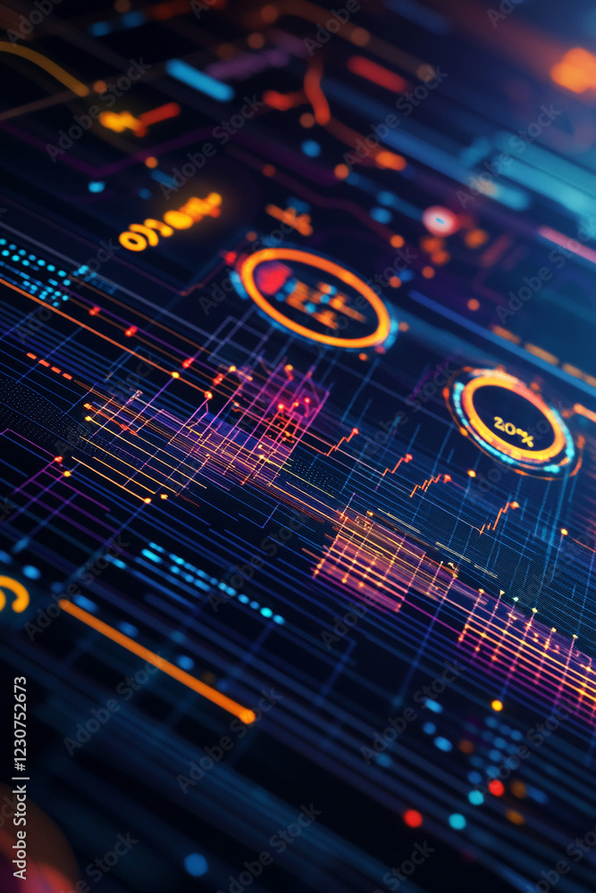 Poster Close-up of a futuristic digital interface showing dynamic graphs, data analysis, and glowing neon elements. This image represents high-tech visualizations used for analytics and monitoring.