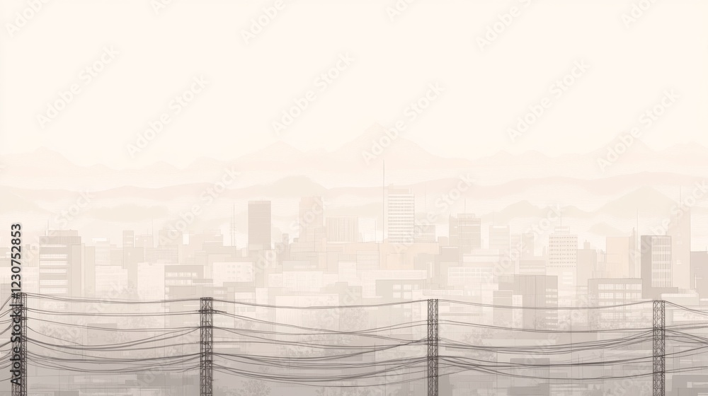 Poster hazy city skyline with power lines in foreground.