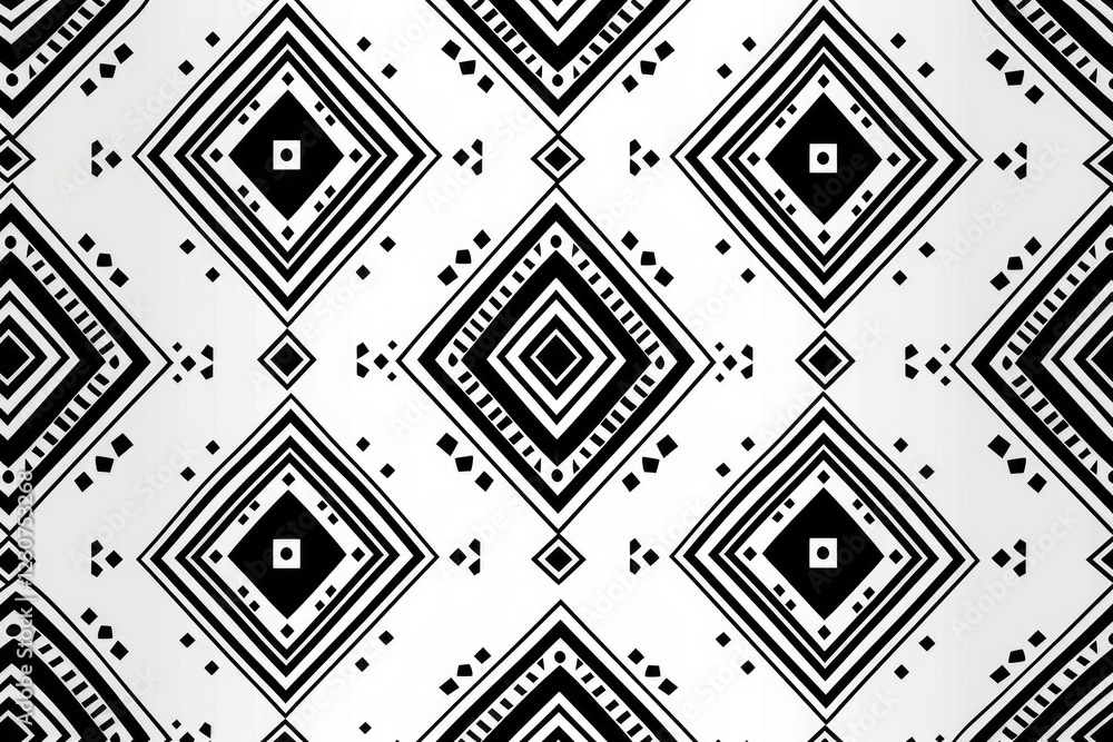 Poster abstract black and white geometric pattern with repeating diamond shapes and lines creating a symmet