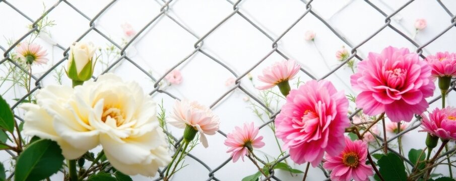 White roses and pink carnations on a chain link fence, flowers, chain link, white