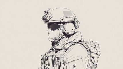 Fototapeta premium Line art portrait of a soldier in full combat gear.