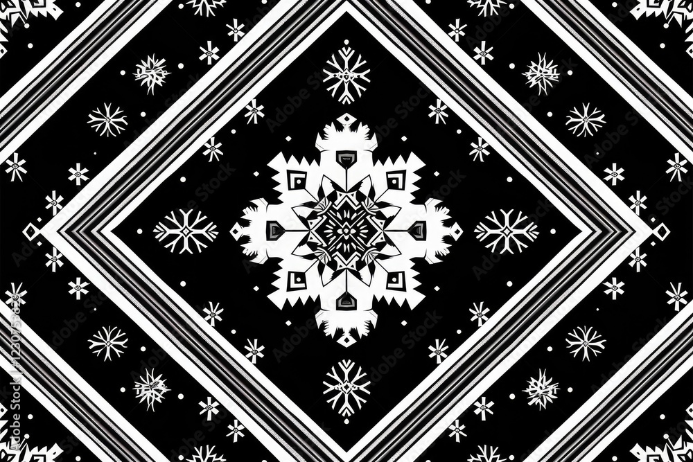 Poster abstract black and white pattern with snowflakes and geometric lines, creating a stylish and symmetr