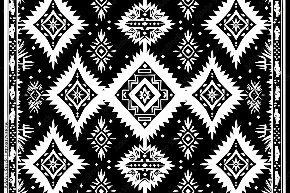Poster black and white geometric textile design with repeating diamond and starburst patterns.