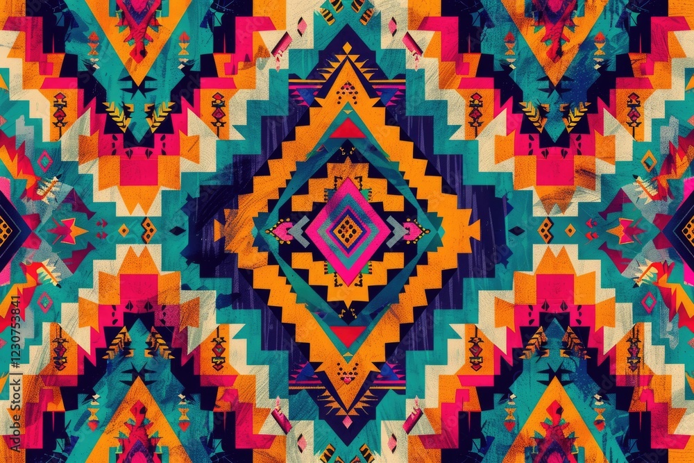 Poster vibrant geometric pattern with native american inspired design elements in bold colors and symmetric