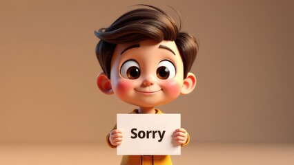 Cartoon child holding a note with the word "Sorry"