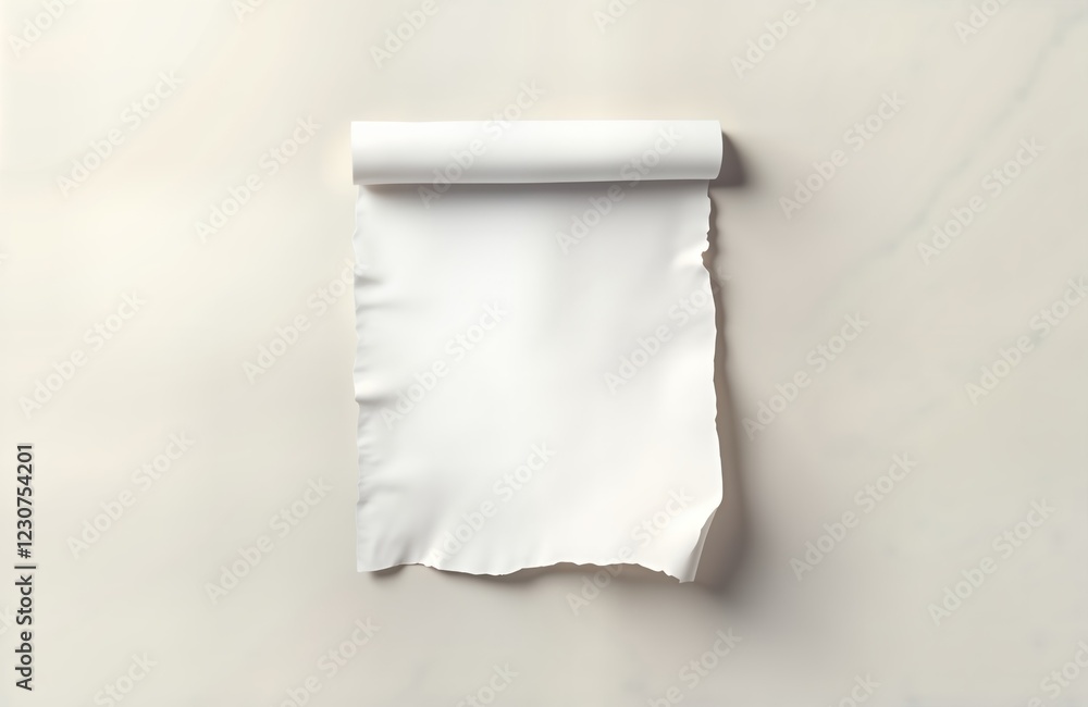 Poster blank white parchment paper rolled on top edge with soft shadows on light background. simple design.