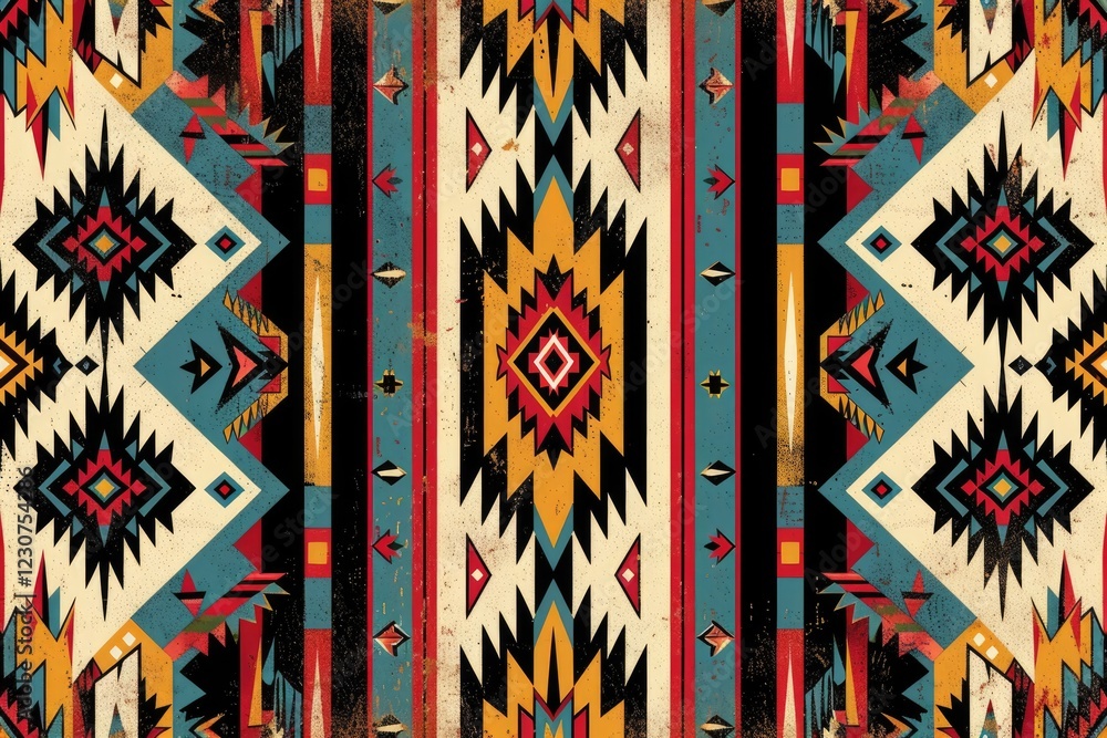 Poster geometric native american inspired textile pattern with bold colors and shapes on a distressed backg