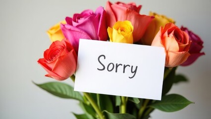 Fototapeta premium Bright bouquet of tulip flowers with a white card. Text on the card: “Sorry.”