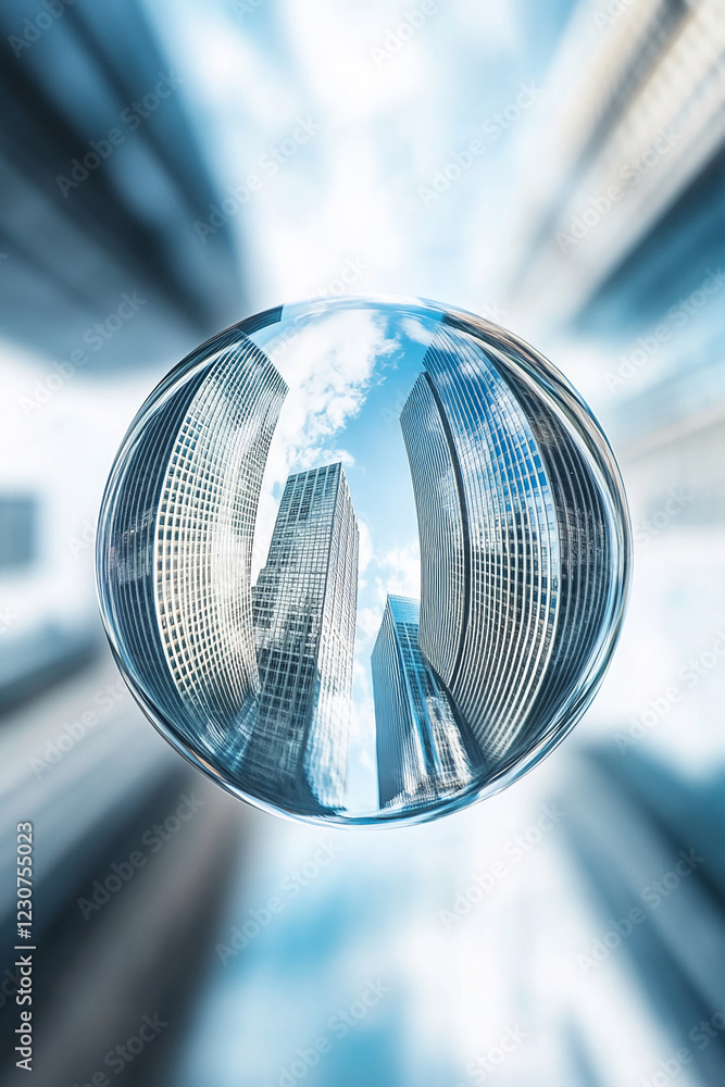 Aufkleber a close-up view of a glass ball reflecting the towering skyscrapers, representing a modern and abstr