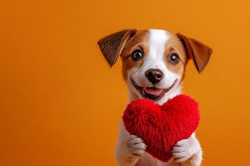 Promotion conceptual art. Cute jack russell terrier hound with fluffy red heart - sign of love, funny greeting card. Jack russell terrier - my treasured dog. Love-themed pets. Love and pets.