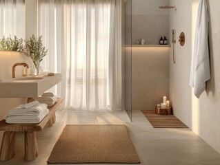 A bathroom with a shower and a sink. The sink has a vase with flowers on it