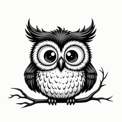 Fototapeta premium Cute cartoon owl perched on branch, whimsical charm