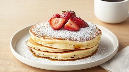   A plate with a stack of powdered-sugar-covered pancakes and strawberry toppings, alongside a cup of coffee