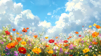 Obraz premium Exploring lush summer landscapes filled lively colored florals breathtaking nature scenes, blooming, beauty, garden, flowers, scenery, bright, sunshine. Electric Meadow. Illustration