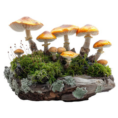 Green moss on rotten branch with mushroom isolated on a white or transparent background