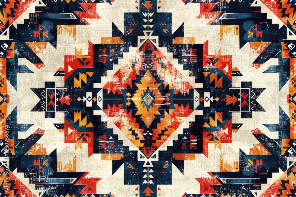 Poster geometric tribal pattern with bold colors and shapes, creating a visually striking symmetrical desig