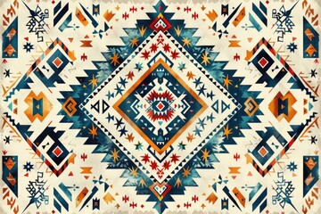 Fototapeta premium Intricate geometric textile design with Native American inspired motifs in teal, orange, and red.